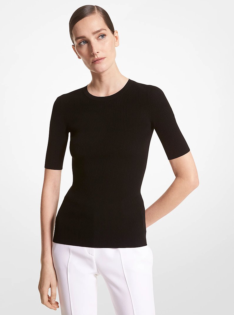 Ribbed Stretch Viscose T-Shirt in BLACK | Michael Kors
