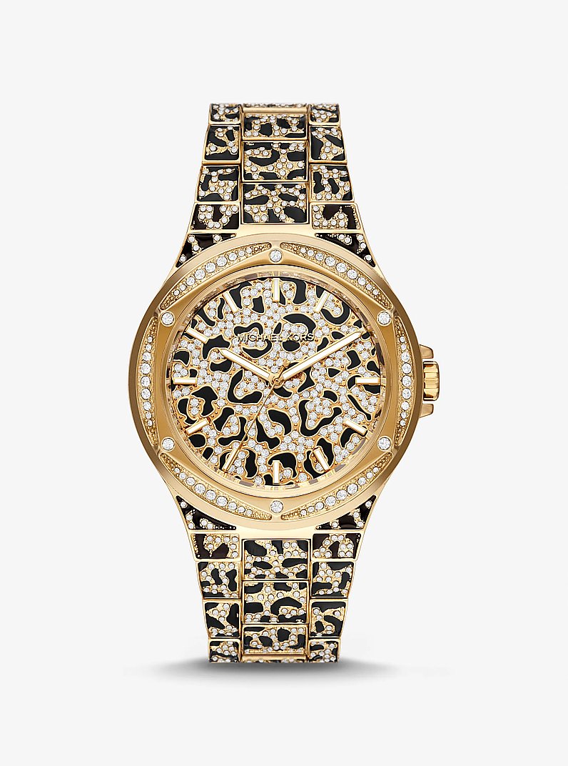 Oversized Lennox Animal Pav&eacute; Gold-Tone Watch in GOLD | Michael Kors