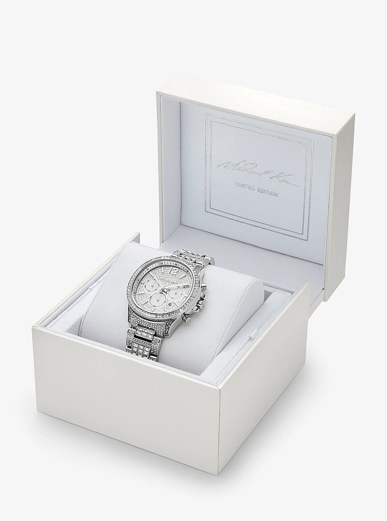 Limited-Edition Oversized Sage Pav&eacute; Silver-Tone Watch in SILVER | Michael Kors