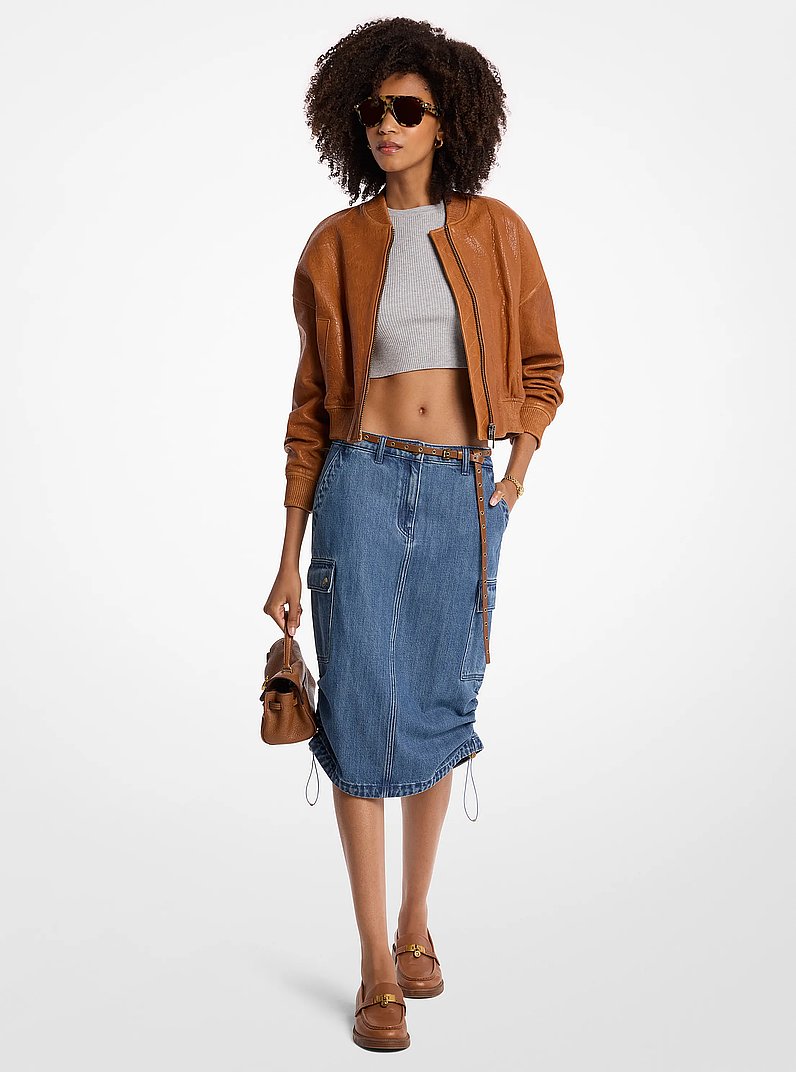Ruched Denim Midi Skirt in DEEPSKYWASH | Michael Kors