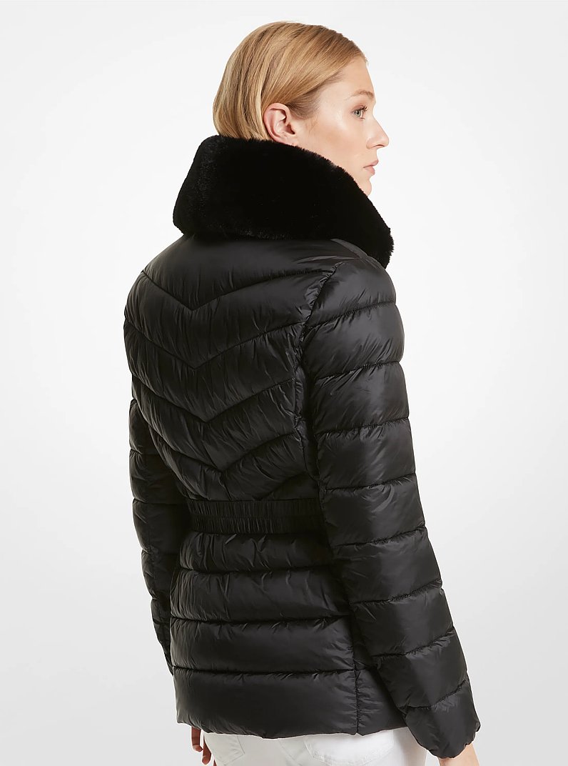 Faux Fur Trim Quilted Nylon Packable Puffer Jacket in BLACK | Michael Kors