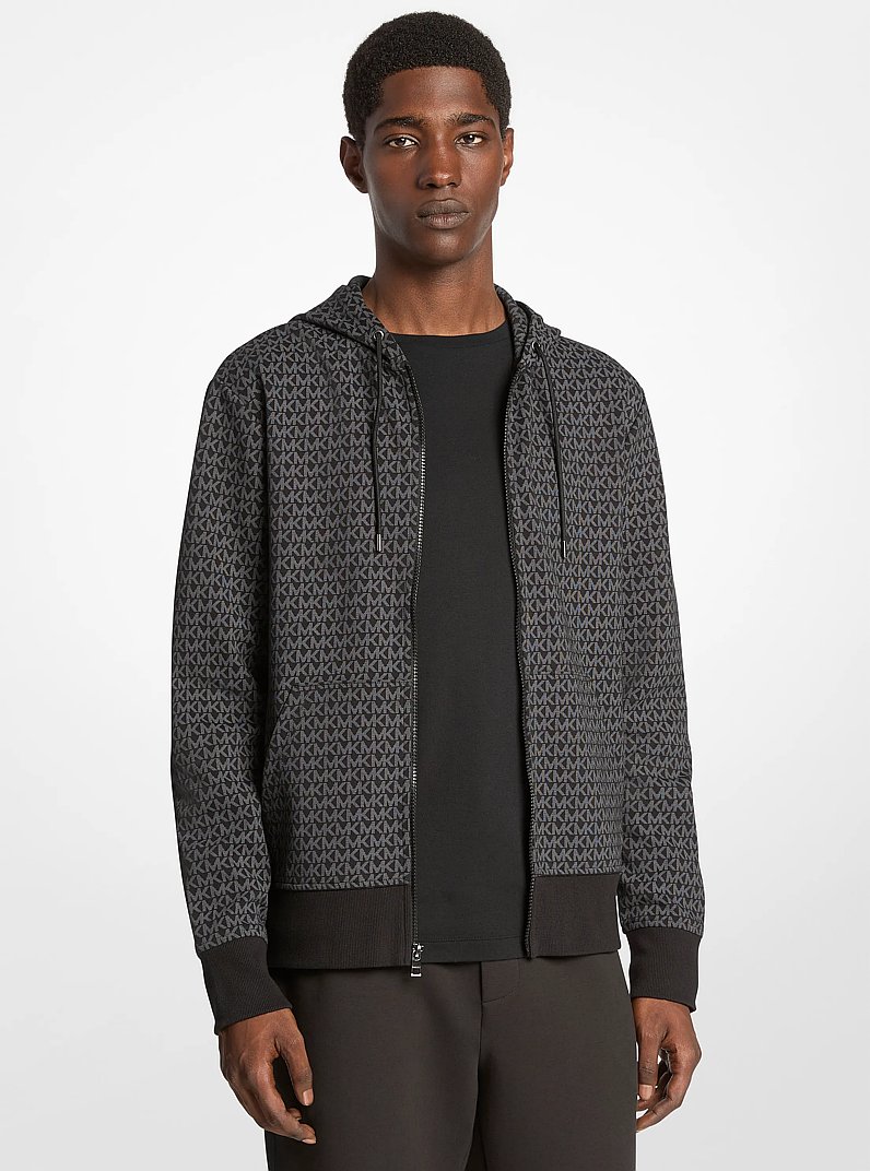 Signature Logo Cotton Blend Zip-Up Hoodie in BLACK | Michael Kors