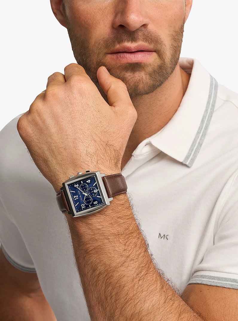 Oversized Rhys Silver-Tone and Leather Watch in SILVER | Michael Kors