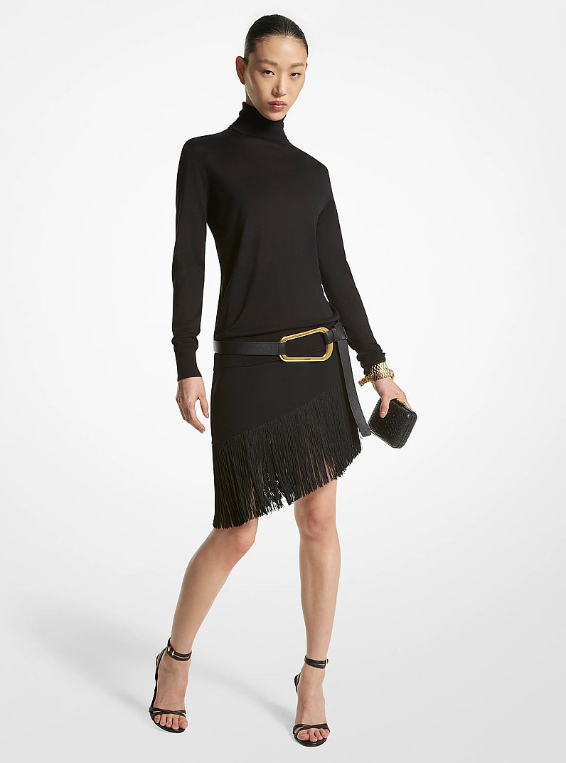 Double Faced Wool Asymmetric Fringed Skirt in BLACK | Michael Kors