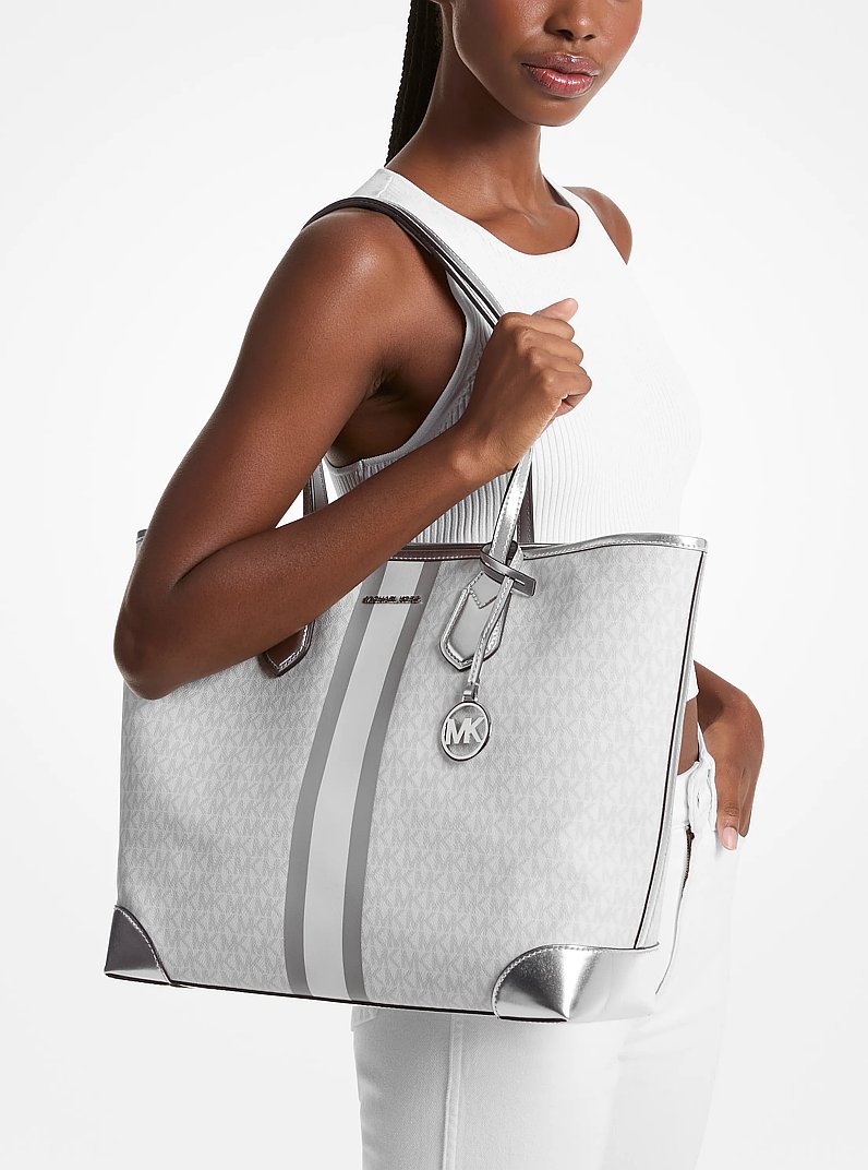 Eva Large Metallic Signature Logo Stripe Tote Bag in OPTIC WHITE | Michael Kors