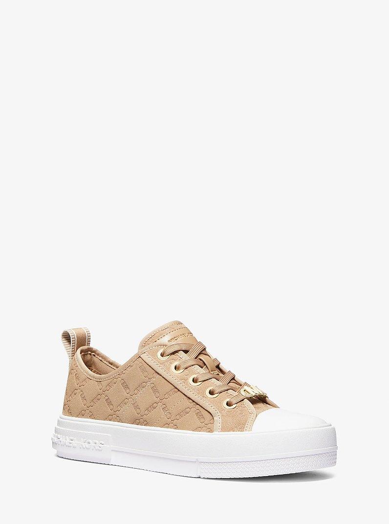 Evy Empire Logo Embossed Suede Sneaker in CAMEL | Michael Kors