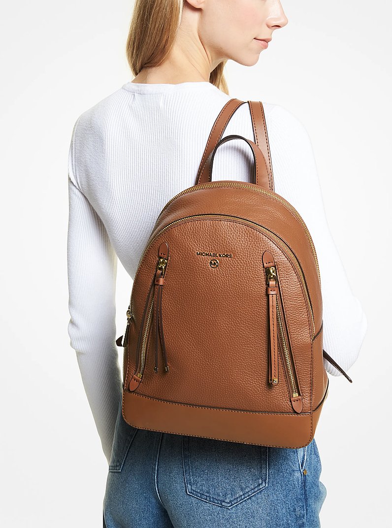 Brooklyn Medium Pebbled Leather Backpack in LUGGAGE | Michael Kors