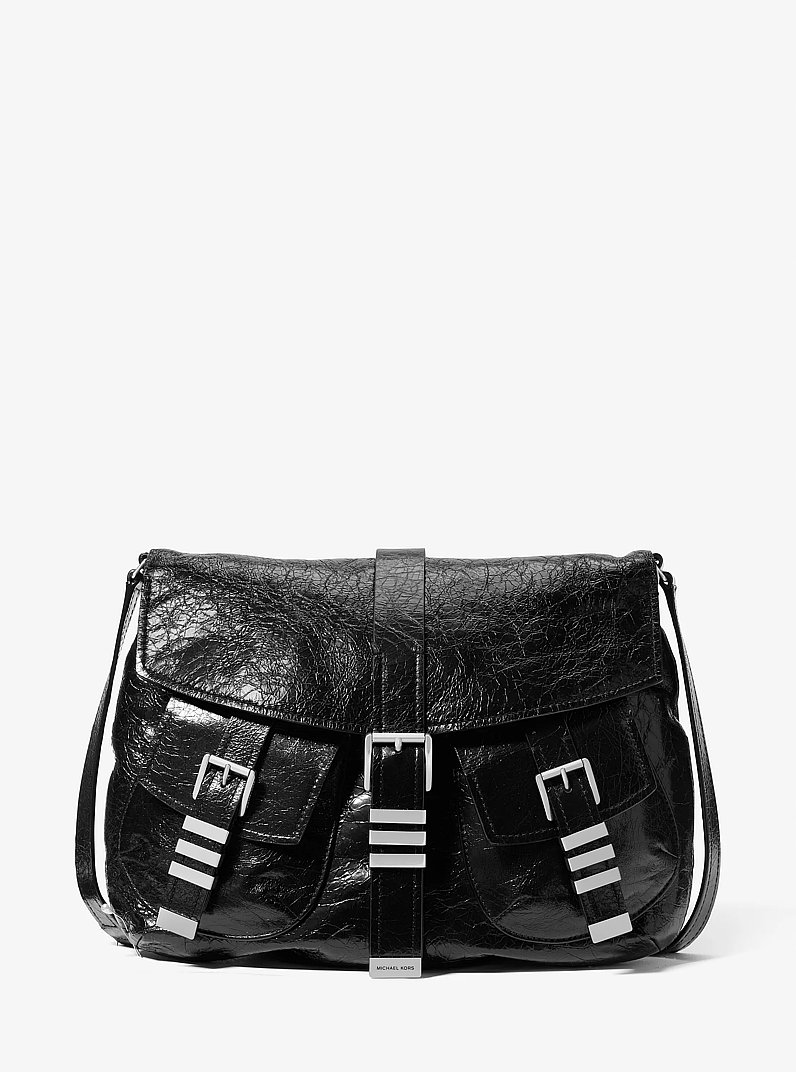 Darrington Large Crackled Leather Shoulder Bag in BLACK | Michael Kors