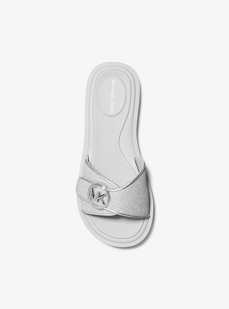 Glitter Chain Mesh Logo Slide Sandal in SILVER | Michael Kors