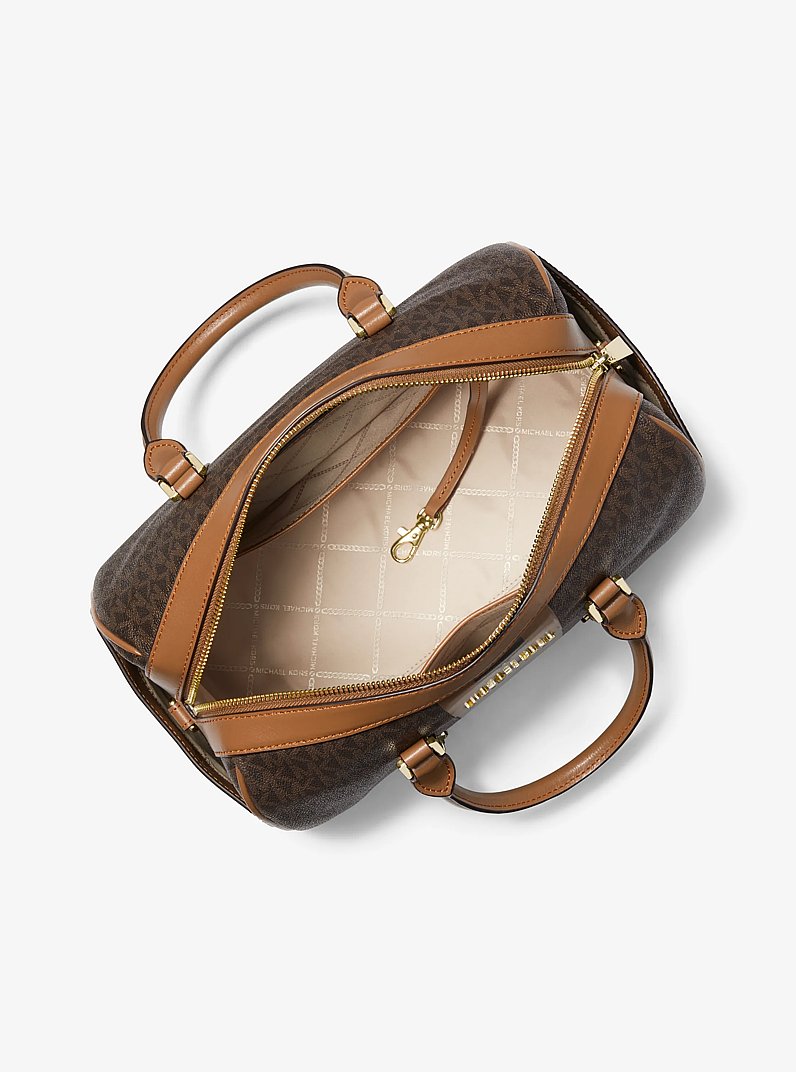 Bedford Travel Medium Logo Stripe Satchel in BRN/ACORN | Michael Kors