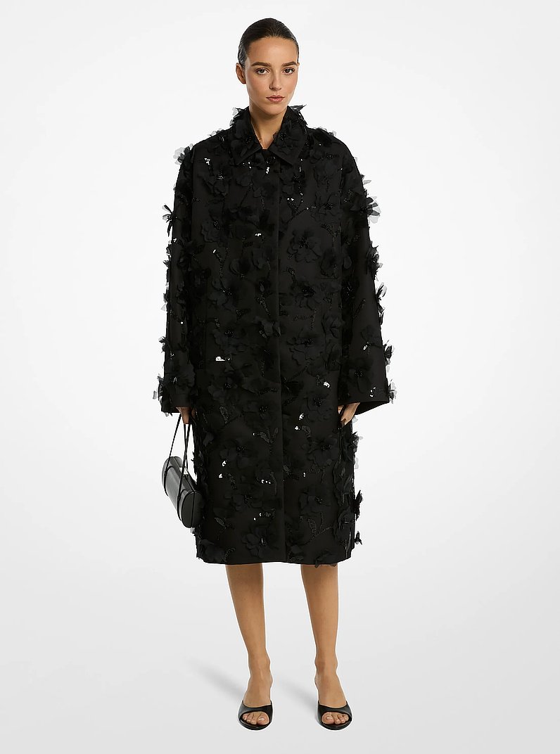 Hand-Embellished Floral Silk and Wool Mikado Balmacaan in BLACK | Michael Kors