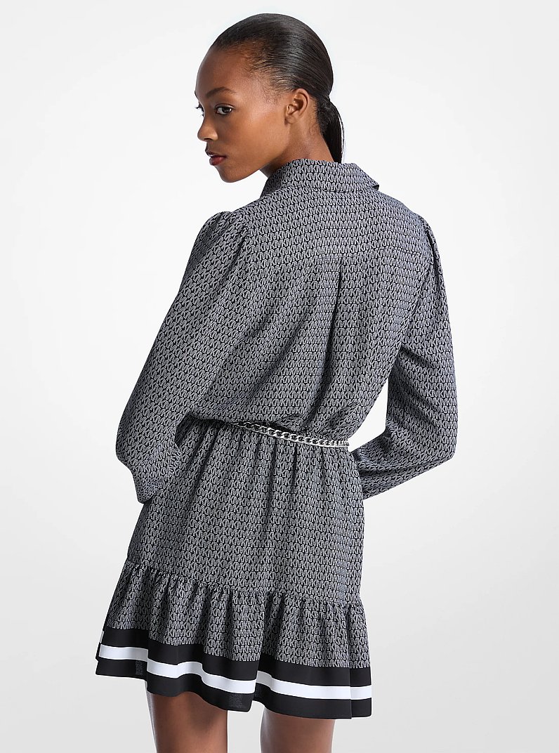 Logo Print Crepe Belted Mini Dress in BLACK/WHITE | Michael Kors