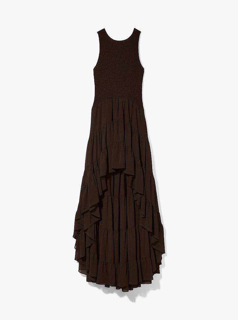 Georgette Smocked High-Low Dress in CHOCOLATE | Michael Kors