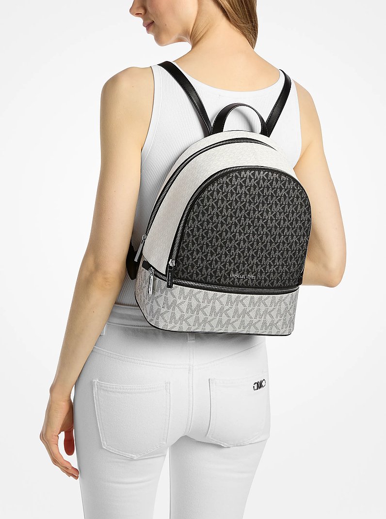 Rhea Medium Metallic Signature Logo Backpack in BLACK - Sale