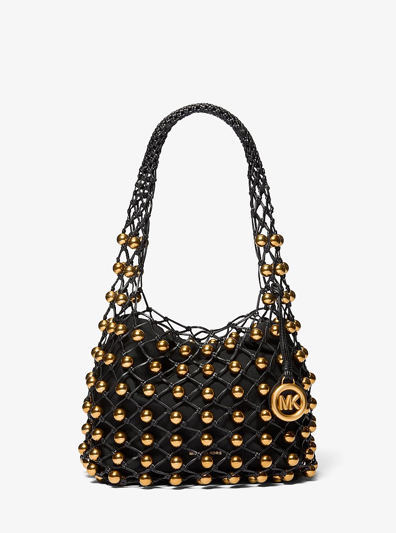 Limited-Edition Gwen Small Studded Hand-Woven Leather Hobo Shoulder Bag in BLACK | Michael Kors