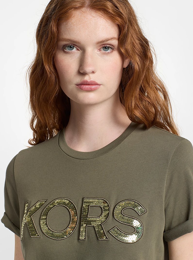 Sequined Logo Cotton T-Shirt in OLIVE | Michael Kors