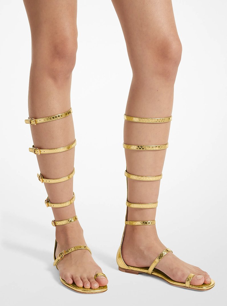 Juliette Metallic Python Embossed Leather Gladiator Sandal in GOLD | Michael Kors