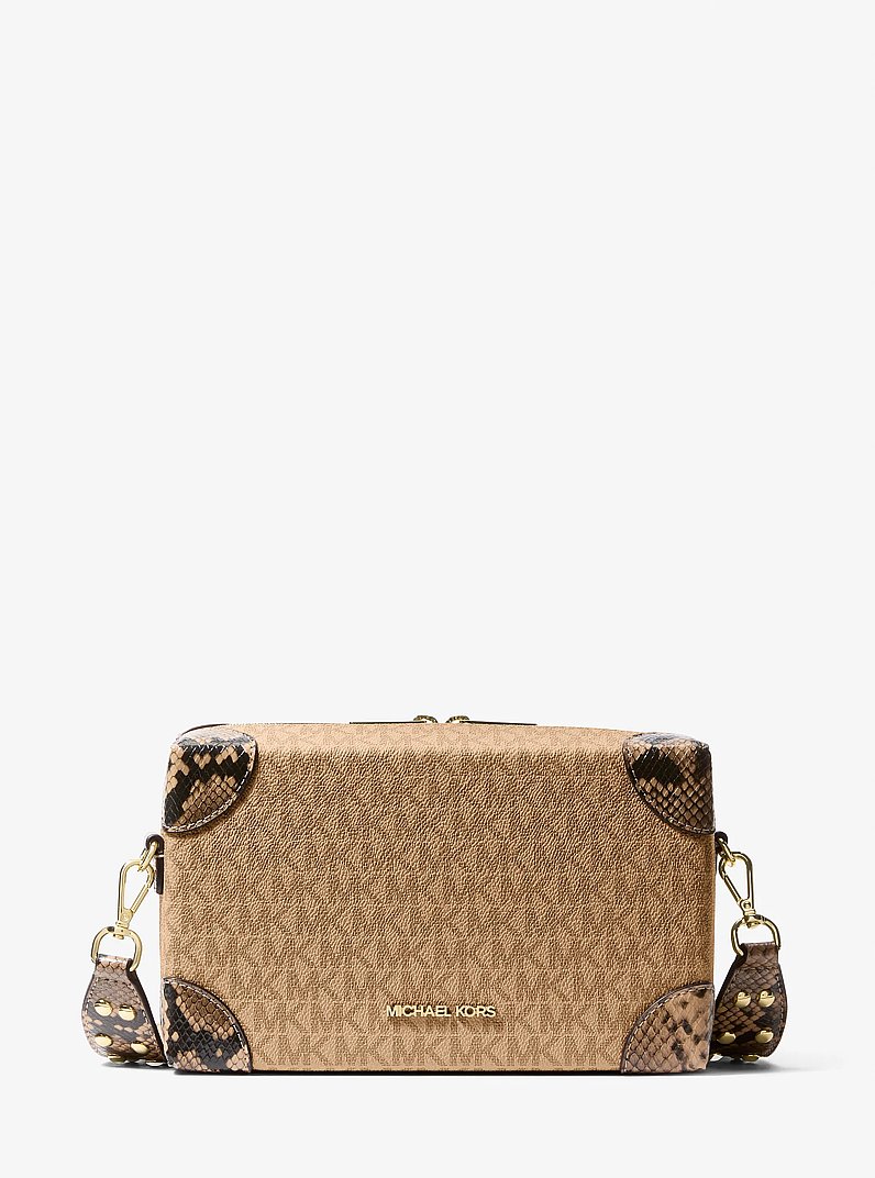 Jeanie Small Signature Logo and Snake Embossed Crossbody Bag in CAMEL | Michael Kors