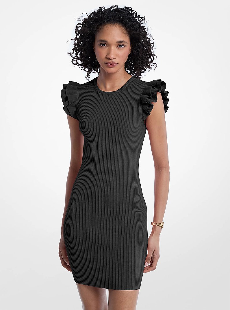 Ruffled Stretch Viscose Mini Dress in BLACK | Michael Kors