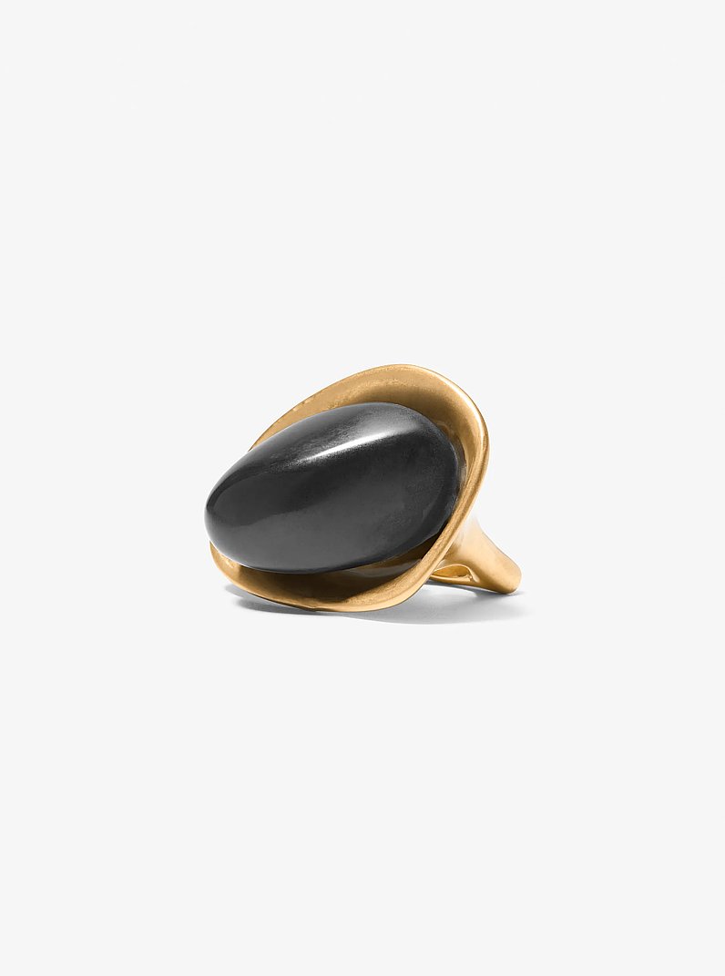 24k-Gold-Plated Brass and Stone Ring in BLACK | Michael Kors