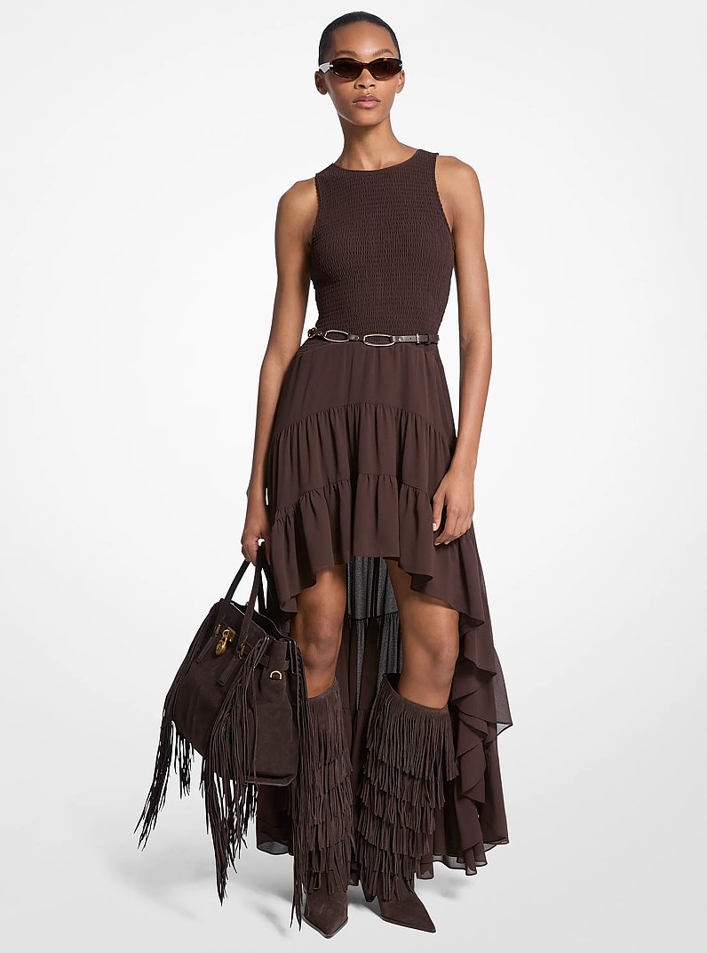 Georgette Smocked High-Low Dress in CHOCOLATE | Michael Kors
