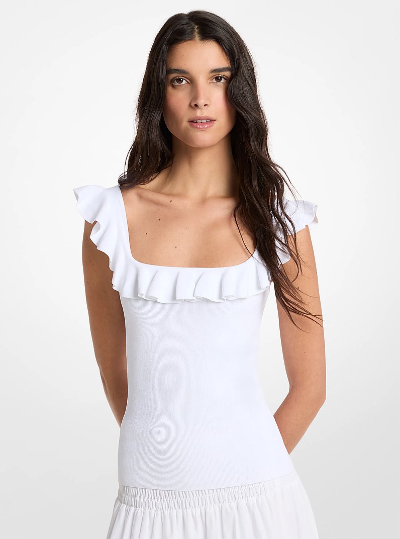 Ruffled Stretch Viscose Tank Top in WHITE | Michael Kors