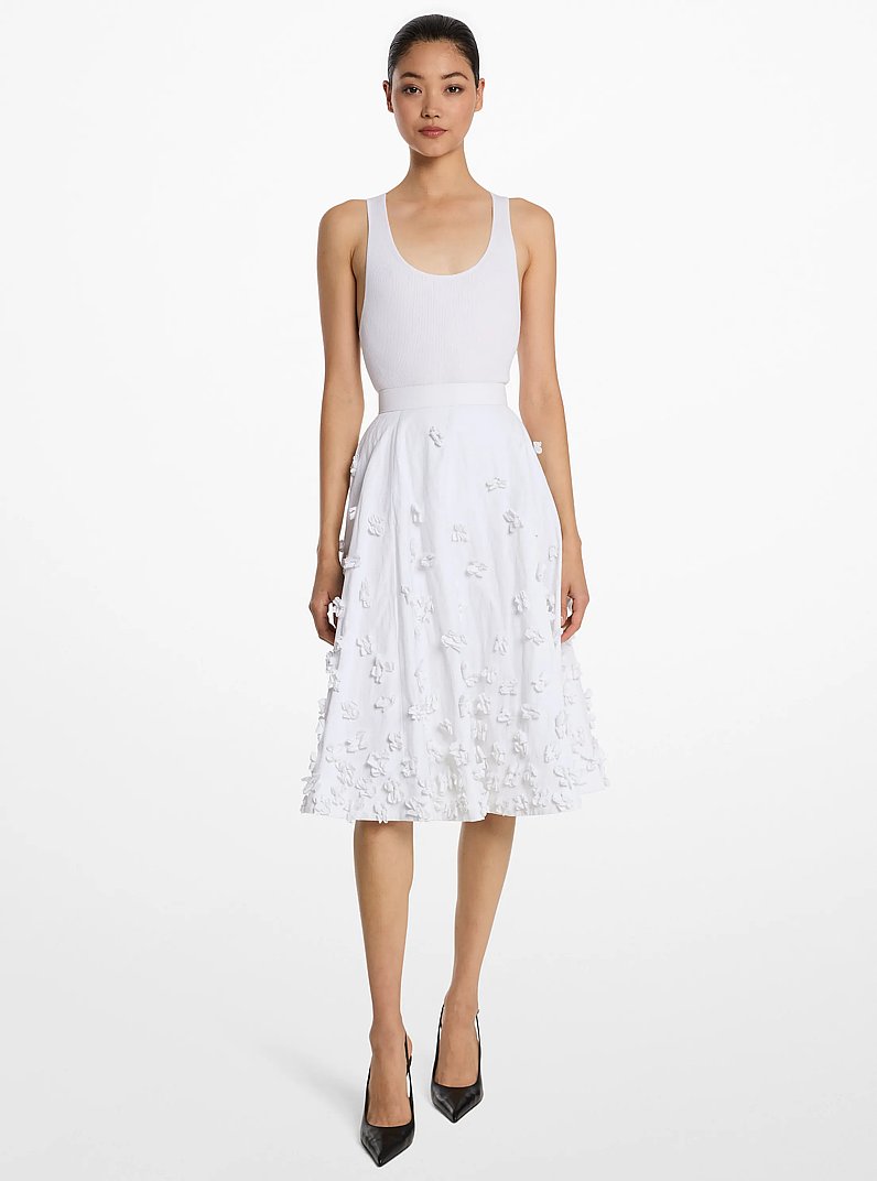 Hand-Embroidered Floral Crushed Cotton Gabardine Circle Skirt in OPTIC WHITE | Michael Kors
