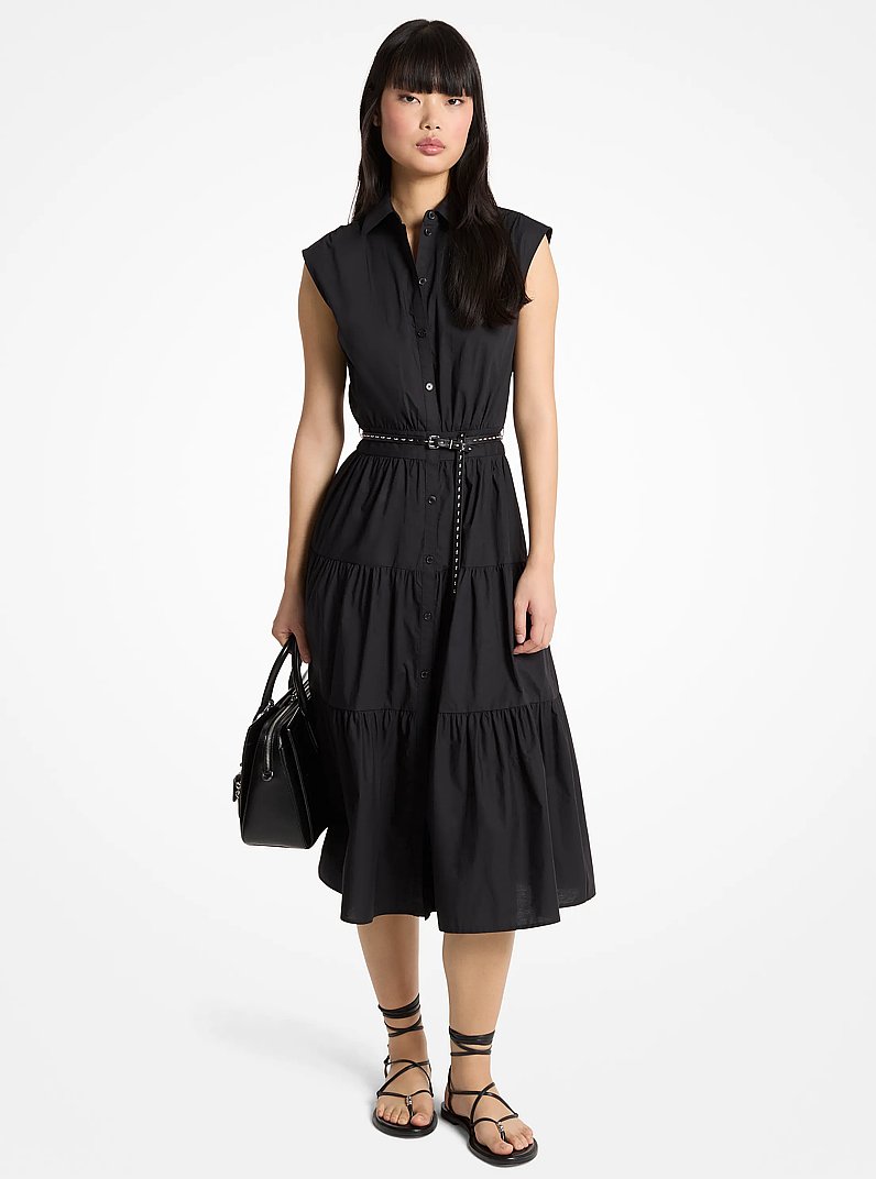 Robe chemise sans manches en popeline de coton avec ceinture in NOIR | Michael Kors