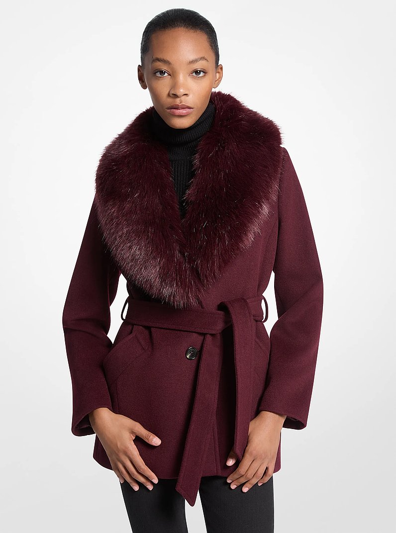 Faux Fur Trim Wool Blend Coat in MERLOT | Michael Kors