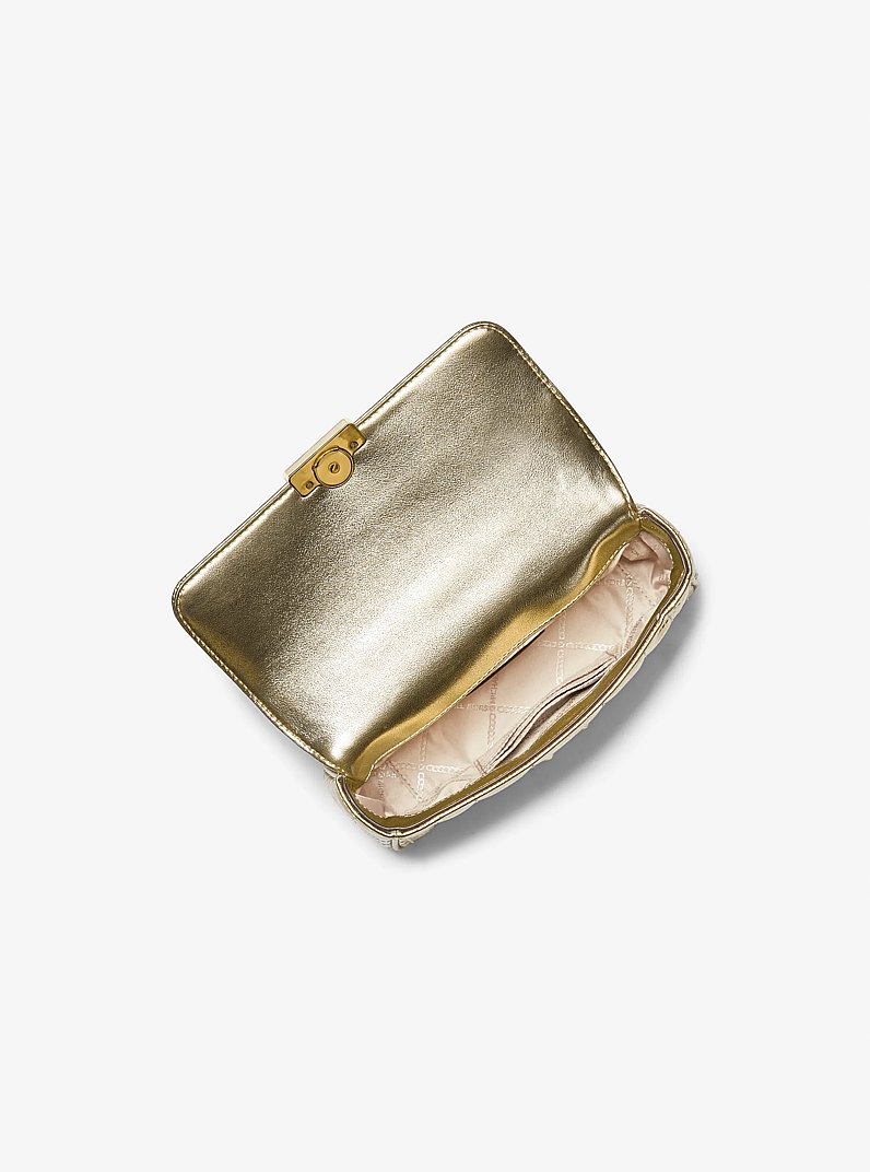 Tribeca Small Quilted Metallic Lizard Embossed Leather Shoulder Bag in PALE GOLD | Michael Kors