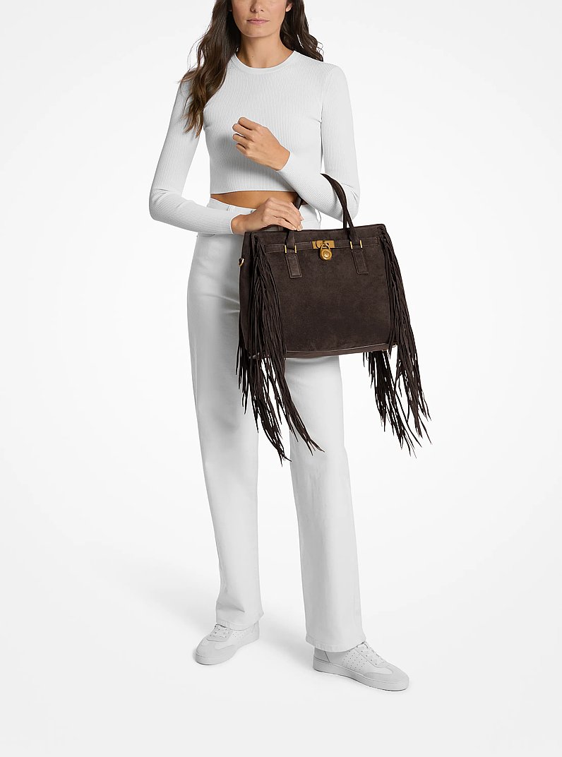Hamilton Moderne Large Fringed Suede Satchel in CHOCOLATE | Michael Kors
