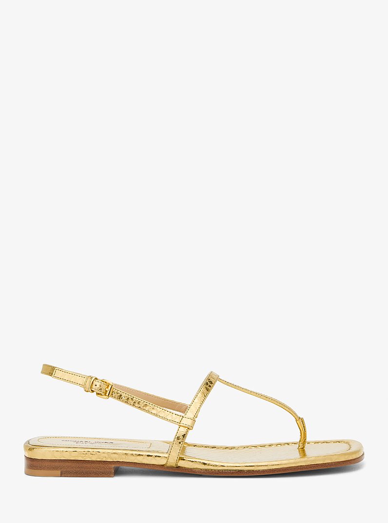 Ali Metallic Python Embossed Leather Sandal in GOLD | Michael Kors