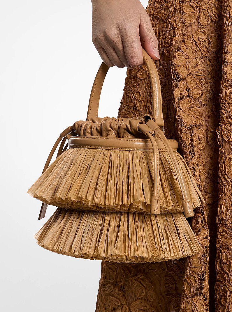 Ischia Mini Leather and Fringe Bucket Bag in NATURAL/PEANUT | Michael Kors