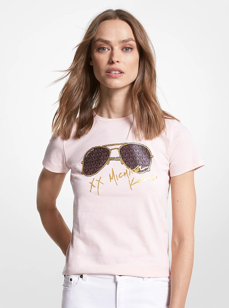 Camiseta de algod&oacute;n org&aacute;nico con estampado de gafas de aviador con logotipo in ROS&Aacute;CEO POLVORIENTO | Michael Kors