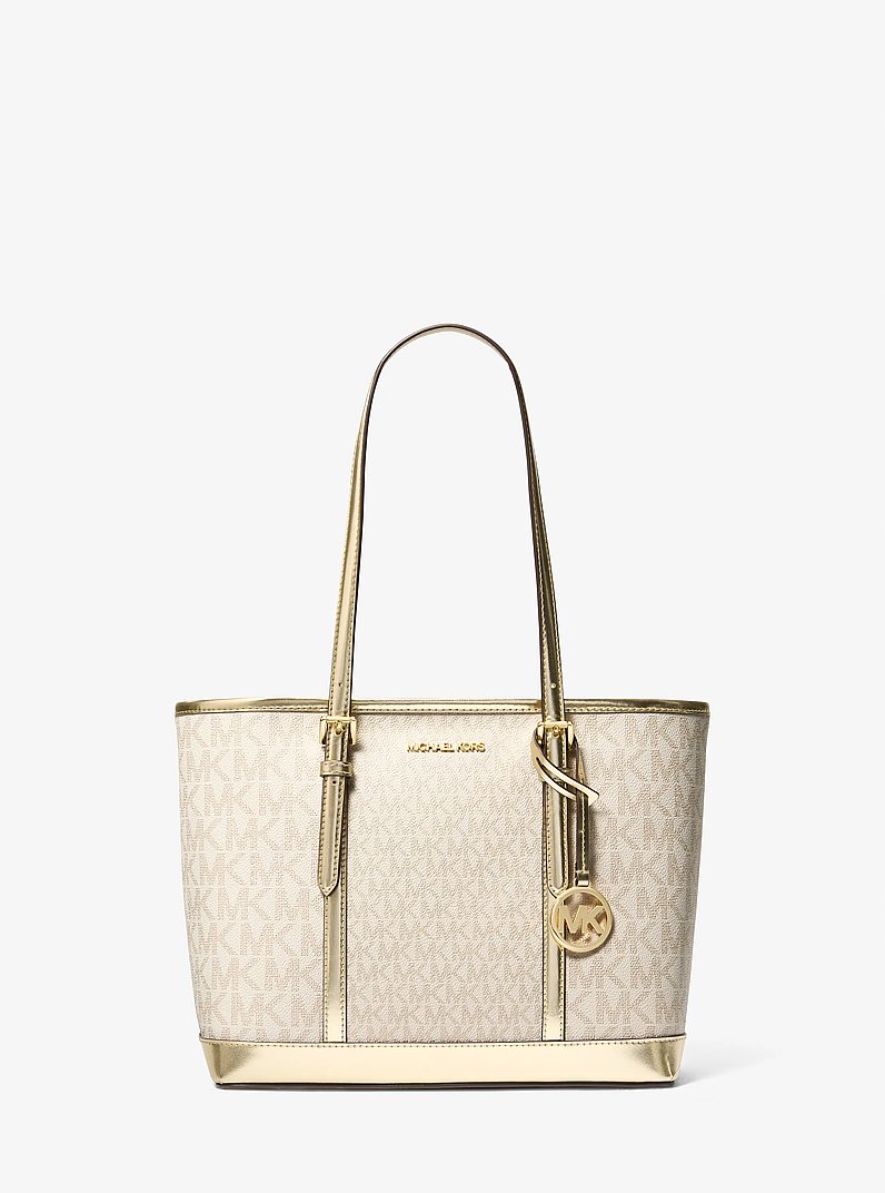 Jet Set Travel Small Metallic Logo Top-Zip Tote Bag in PALE GOLD | Michael Kors
