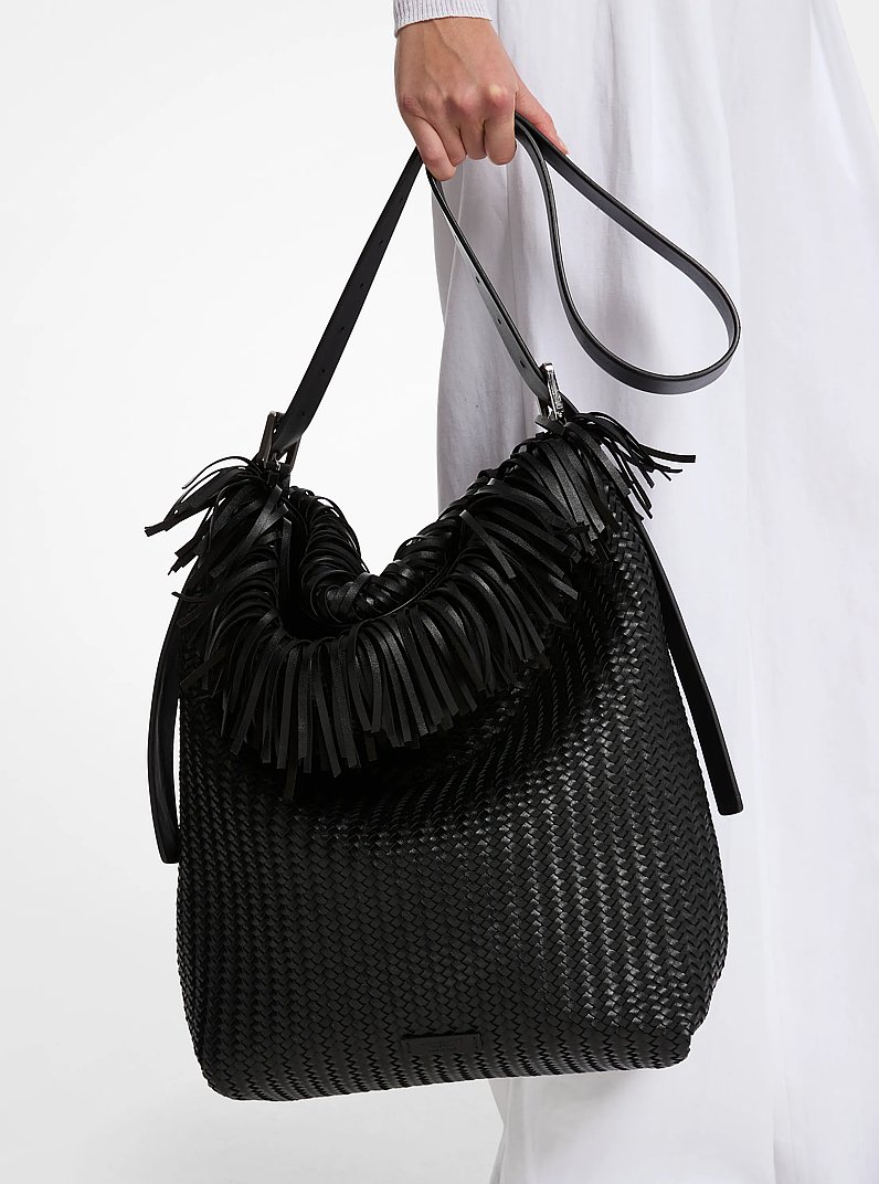 Kiera Hand-Woven Leather Hobo Bag in BLACK | Michael Kors