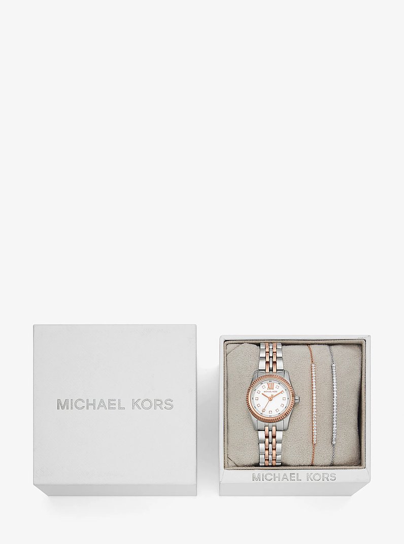 Lexington Pav&eacute; Two-Tone Watch and Slider Bracelet Gift Set in ROSE GOLD | Michael Kors