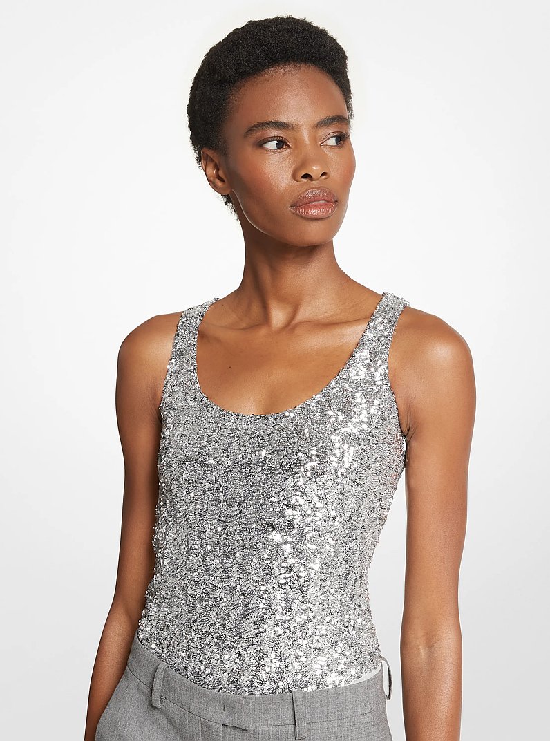 Sequined Stretch Tulle Scoop-Neck Bodysuit in SILVER | Michael Kors