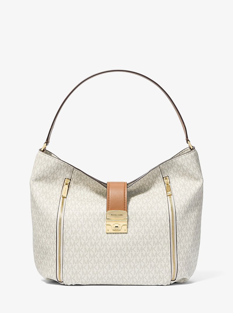 Schultertasche Addie Large mit Signature-Logomuster in VANILLE/EICHELBRAUN | Michael Kors