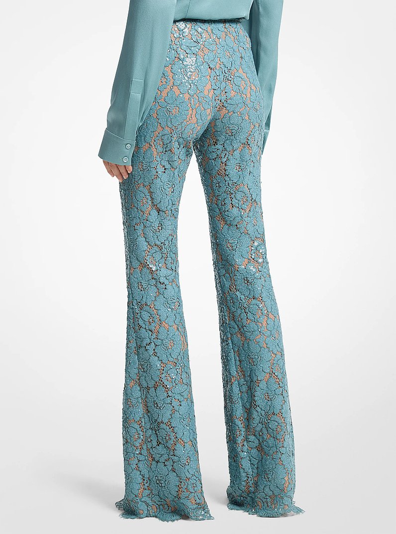 Hand-Embroidered Sequin Floral Lace Flared Pants