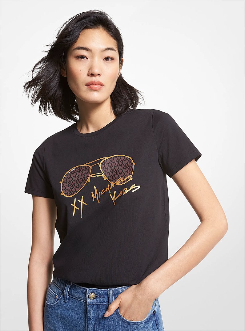 Logo Aviator Print Organic Cotton T-Shirt in BLACK | Michael Kors