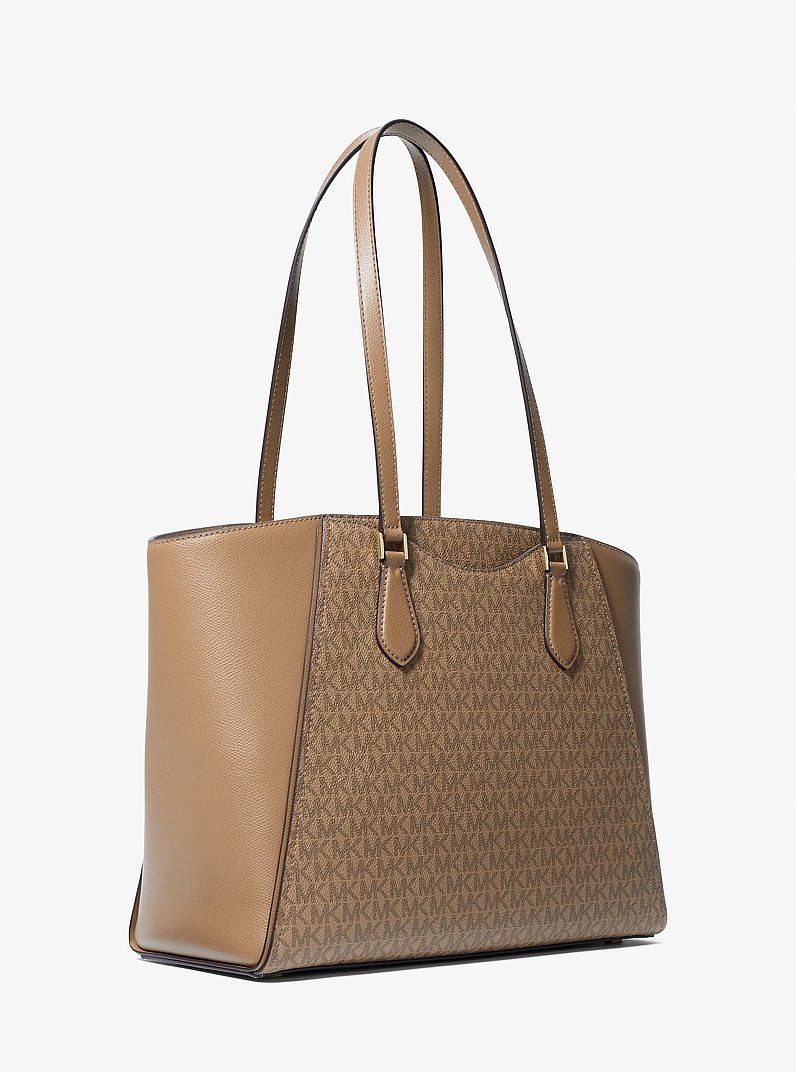 Taryn Large Signature Logo and Leather Tote Bag in HUSK | Michael Kors
