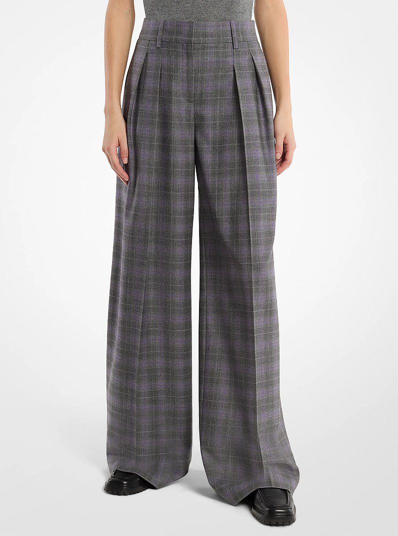 Pantal&oacute;n holgado de lana a cuadros Glen con pliegues in PELTRE/LAVANDA | Michael Kors