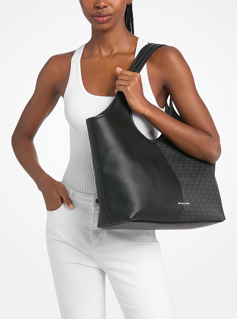 Henly Large Signature Logo and Textured Tote Bag in BLACK | Michael Kors