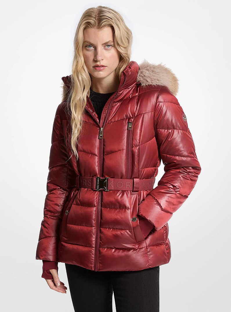 Faux Fur Trim Belted Puffer Jacket in CHERRY | Michael Kors