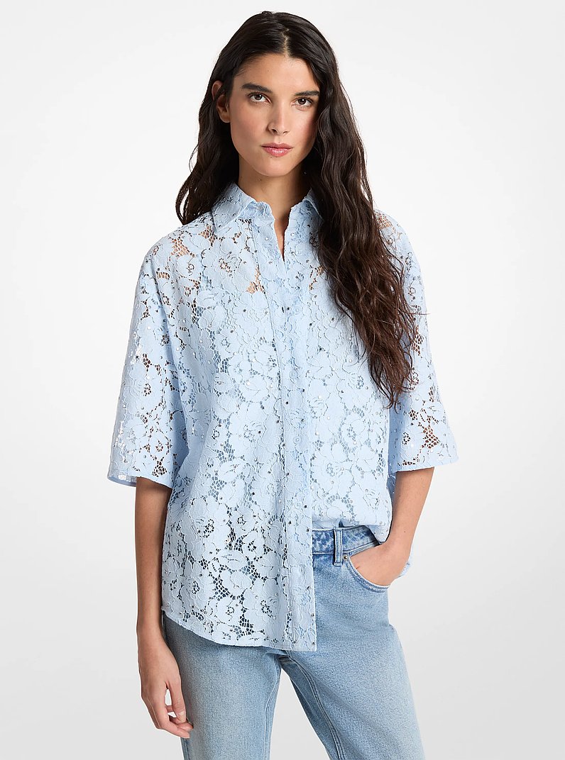 Camisa de encaje floral con cordones y tachuelas in AZUL PASTEL | Michael Kors