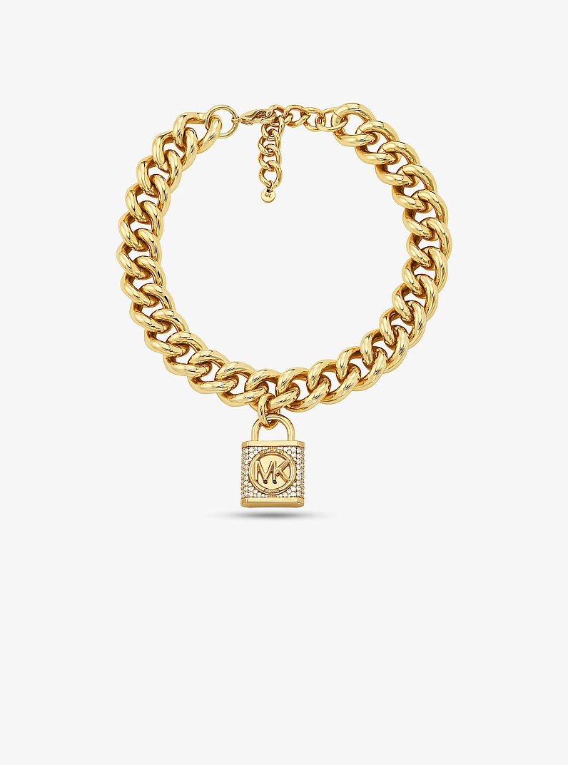 Precious Metal-Plated Brass Pav&eacute; Lock Curb Link Necklace in GOLD | Michael Kors