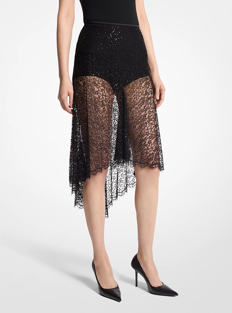 Hand-Embroidered Sequin Chantilly Lace Skirt in BLACK | Michael Kors