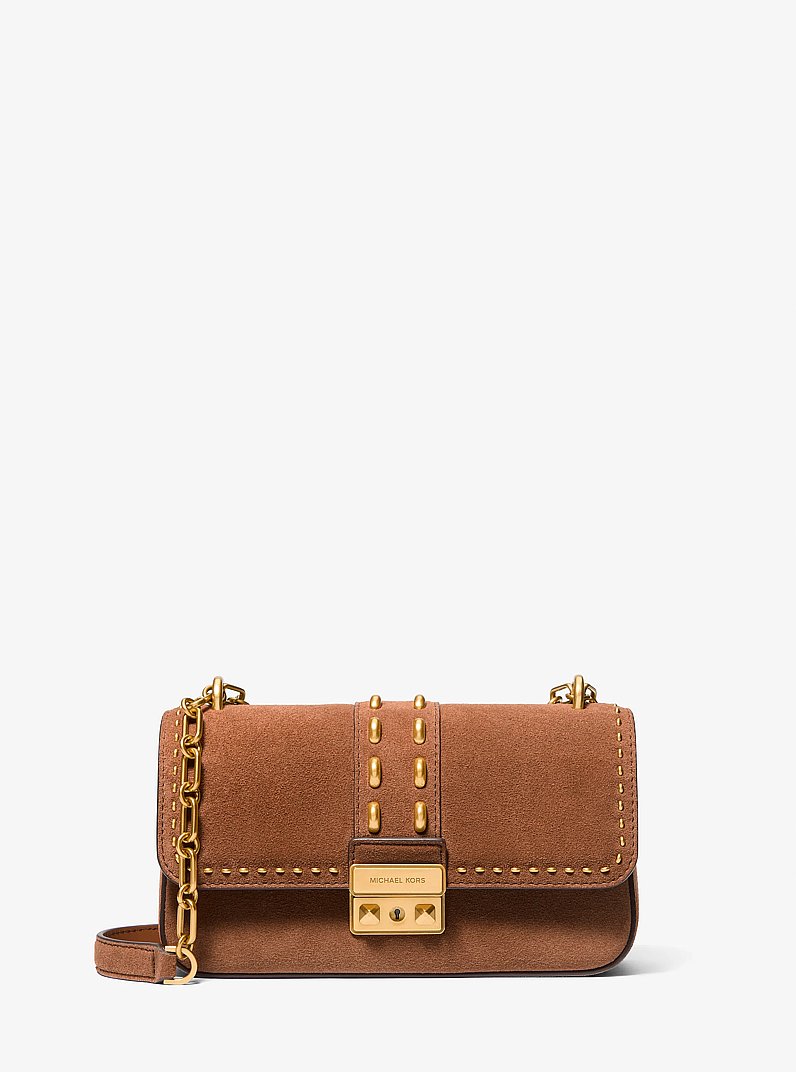 Tribeca Small Studded Suede Shoulder Bag in LUGGAGE | Michael Kors
