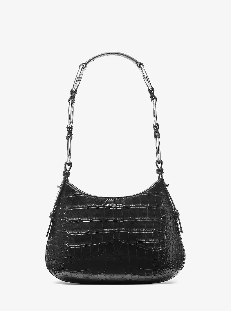 Bardot Mini Crocodile Embossed Leather Hobo Shoulder Bag in BLACK | Michael Kors